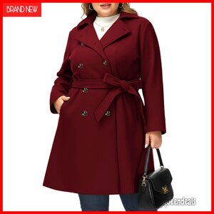 Plus Size Wool Pea Coat with Belt, Double Breasted, Notch Lapel, Winter